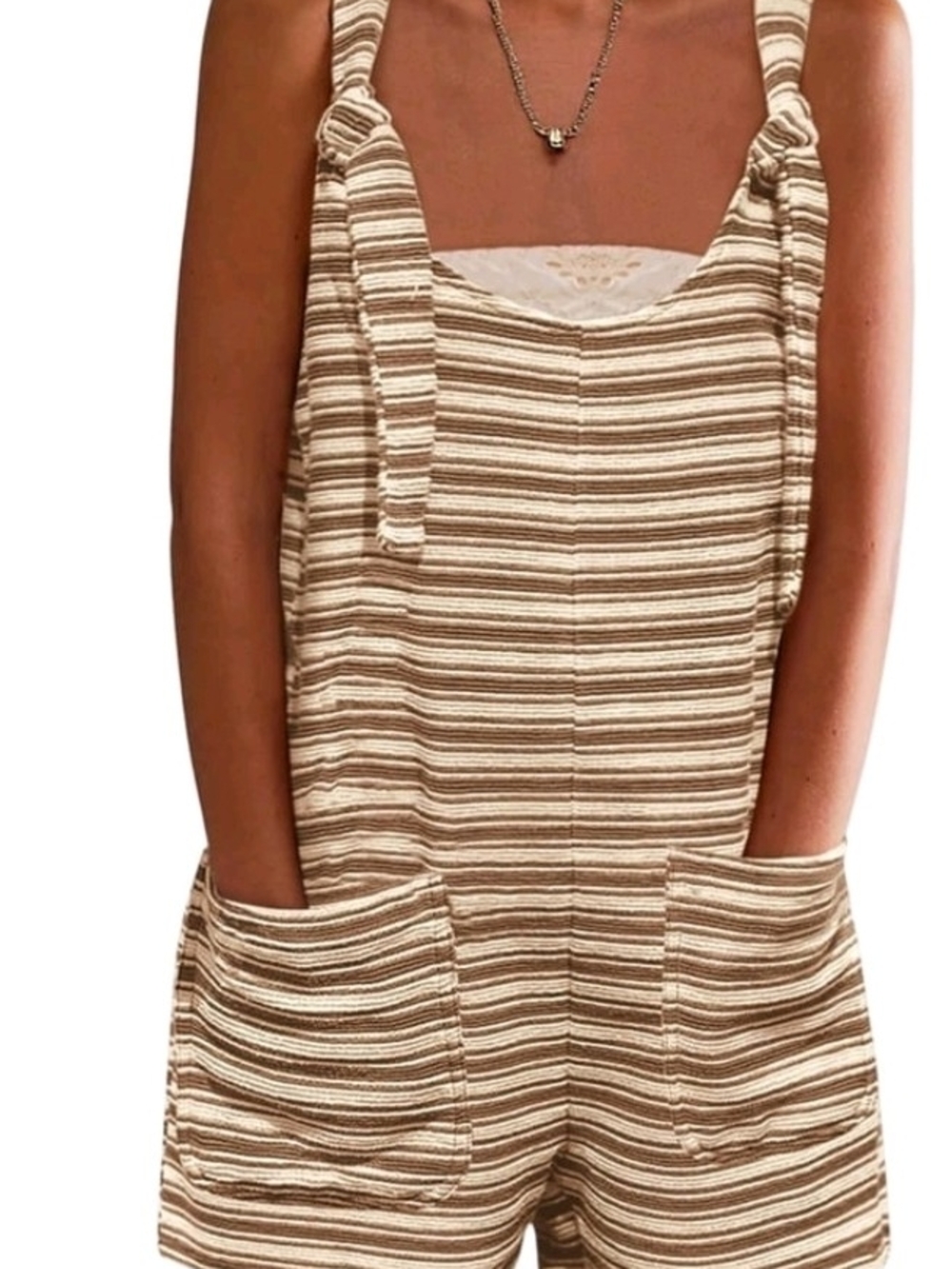 Striped Cream & Tan Strappy Romper